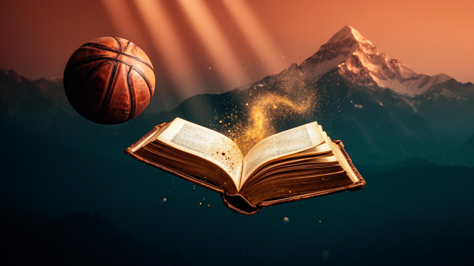 Open book glowing with golden dust beside a leather basketball with Himalayan mountains in the background